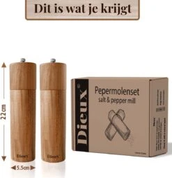 Dieux® - Peper En Zoutmolen Set - Cilinder Vorm - 22CM - Zout Peper Kruiden - 2 Stuks - Acacia Hout - Instelbare Maalgraad - Duurzaam - Luxe Kwaliteit - Hervulbaar - Pepermolen - Zoutmolen - BBQ Accesoires - Pasen -Tefal Keuken Verkoopwinkel 1152x1200
