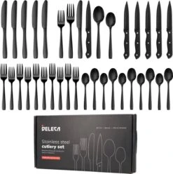 Deleca 6 Persoons Bestekset (36-delig) - Lepels, Messen, Vorken & Steakmessen - Vaatwasserbestendig - Zwart / RVS