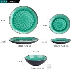 Merkloos Combiservies, 24-delig Coco Tafelservies Van Aardewerk, Raku Glazuur Effect Serviesset, Bevat Mueslikommen, Dessertborden En Dinerborden Voor 8 Personen In Vintage Look, Groen -Tefal Keuken Verkoopwinkel 1200x1165