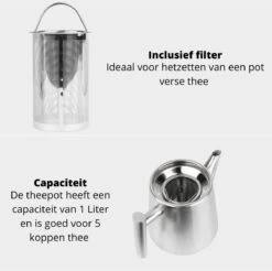 Castagnola Theepot Met Filter – Theekan – Theepot Dubbelwandig – Theepot Roestvrijstaal – Hoogwaardig RVS – 1 Liter – 5 Kopjes Thee – Zilver -Tefal Keuken Verkoopwinkel 1200x1195 8
