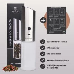 DODANA Premium Peper - & Zoutmolen Elektrisch - 1 Stuk - Pepermolen - Zoutmolen - Oplaadbaar - USB - Elektrische Pepermolen - RVS - Zwaartekracht Functie - LED Lamp - Nl Handleiding - Incl Borsteltje -Tefal Keuken Verkoopwinkel 1200x1199 12