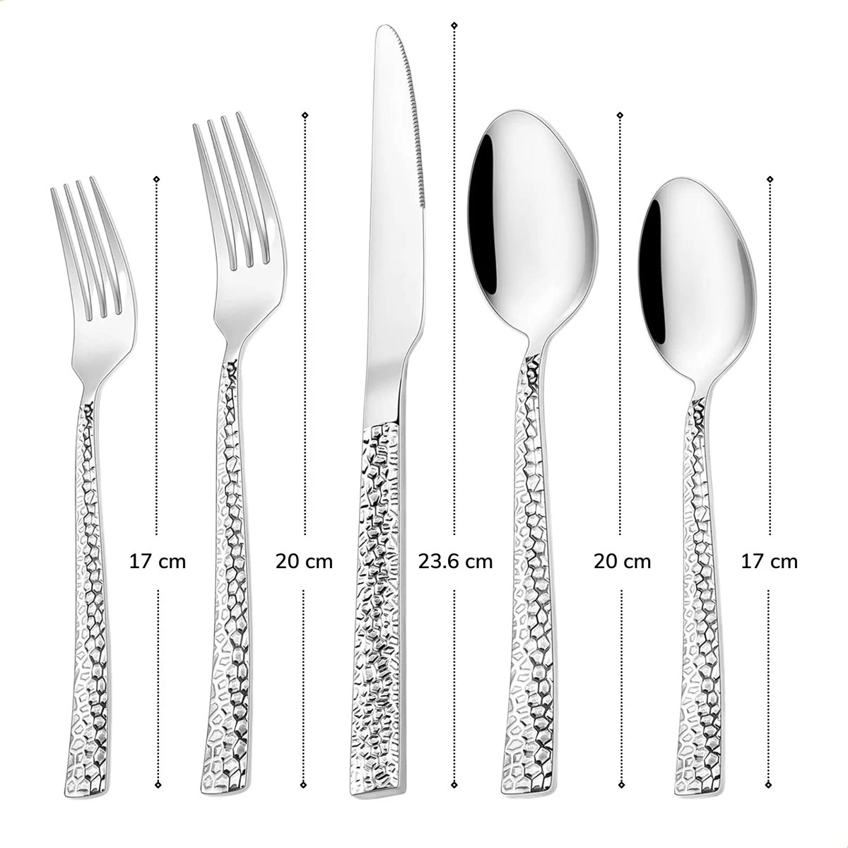Deleca 6 Persoons Bestekset Deluxe (30-delig) - Vorken, Lepels En Messen - Vaatwasserbestendig - Gehamerd - Zilver / RVS 7 Deleca 6 Persoons Bestekset Deluxe (30-delig) - Vorken, Lepels En Messen - Vaatwasserbestendig - Gehamerd - Zilver / RVS - Afbeelding 7
