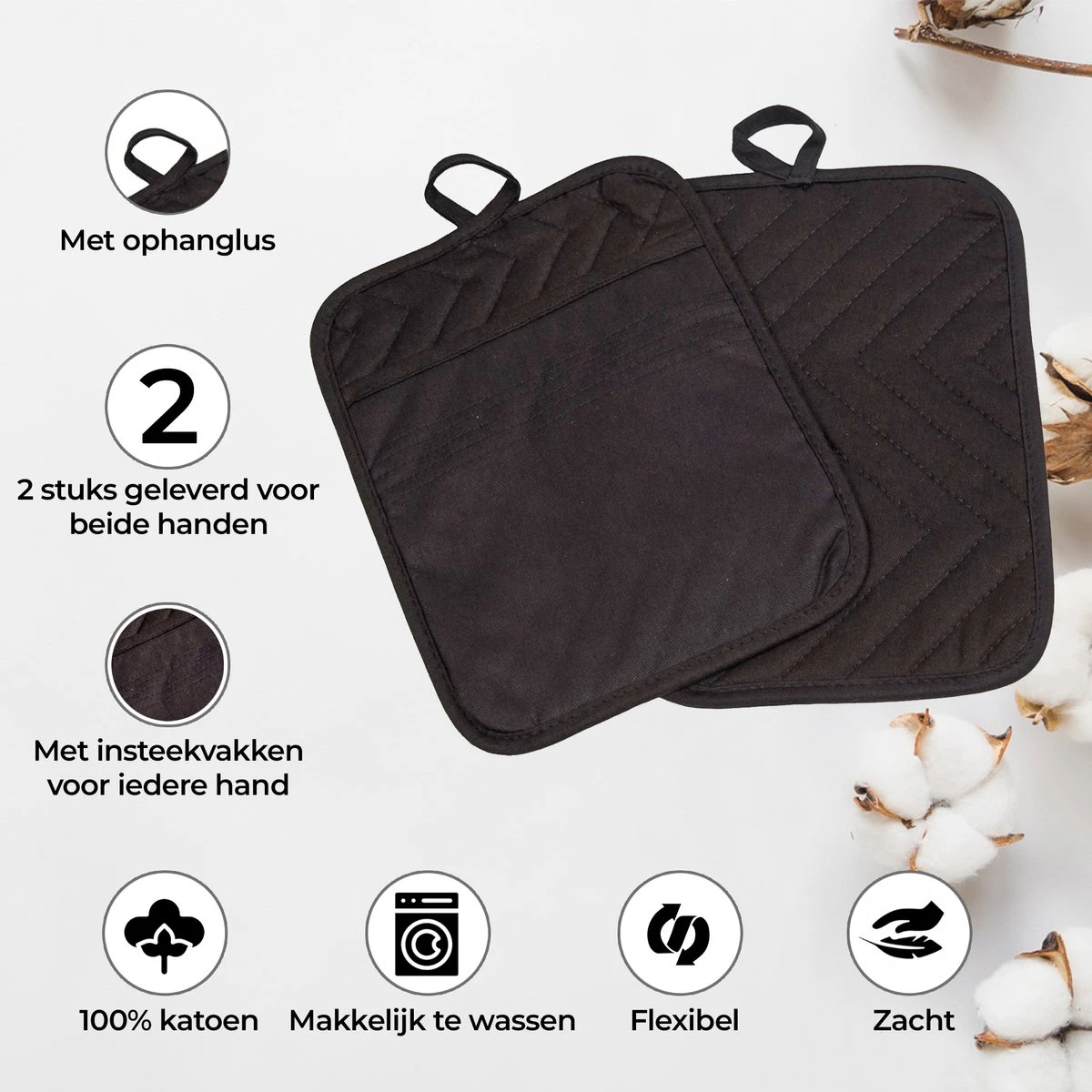 Roegaarden Pannenlappen - Pannenlap - 2 Stuks - Met Insteekvakken - Zwart 2 Roegaarden Pannenlappen - Pannenlap - 2 Stuks - Met Insteekvakken - Zwart - Afbeelding 2