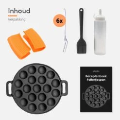 Ocina Poffertjespan – Combo Pack – 19 Poffertjes – Poffertjesmaker – Poffertjespan Inductie – Poffertjespan Electrisch – Gietijzeren Pan - Inclusief Doseerfles, Handvaten, 6x Poffertjesvorken En Invetkwast – Gratis Receptenboek -Tefal Keuken Verkoopwinkel 1200x1200 640