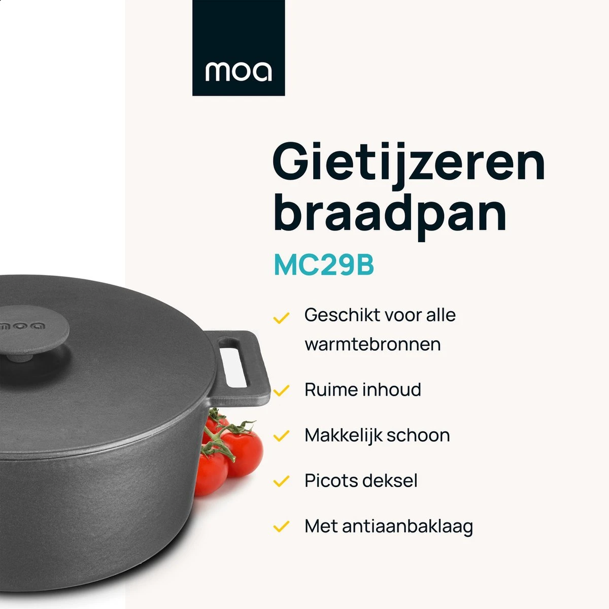MOA Gietijzeren Braadpan - Inhoud 7,1 Liter - 29CM - Rond - Alle Warmtebronnen - Ook Voor Inductie - Gewicht 7,6 Kg - Zwart - MC29B 2 MOA Gietijzeren Braadpan - Inhoud 7,1 Liter - 29CM - Rond - Alle Warmtebronnen - Ook Voor Inductie - Gewicht 7,6 Kg - Zwart - MC29B - Afbeelding 2