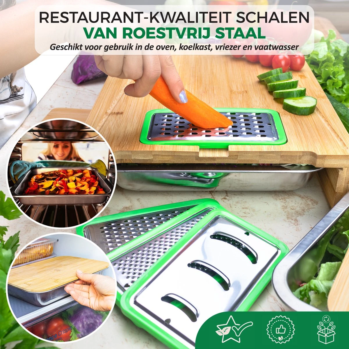 Ecowize 3-in-1 Bamboe Snijplank Met Opvangbak - Snijplank Hout Incl. 3 Roestvrijstalen Opvangbakjes Met Bamboe Deksel, 4 Inzetbare Raspen - Groentesnijder, Hakblok, Borrelplank, Tapasplank, Broodplank - 40x30cm - Duurzaam Cadeau 4 Ecowize 3-in-1 Bamboe Snijplank Met Opvangbak - Snijplank Hout Incl. 3 Roestvrijstalen Opvangbakjes Met Bamboe Deksel, 4 Inzetbare Raspen - Groentesnijder, Hakblok, Borrelplank, Tapasplank, Broodplank - 40x30cm - Duurzaam Cadeau - Afbeelding 4