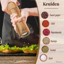 Dieux® - Peper En Zoutmolen Set - Cilinder Vorm - 22CM - Zout Peper Kruiden - 2 Stuks - Acacia Hout - Instelbare Maalgraad - Duurzaam - Luxe Kwaliteit - Hervulbaar - Pepermolen - Zoutmolen - BBQ Accesoires - Pasen -Tefal Keuken Verkoopwinkel 1200x1200 837