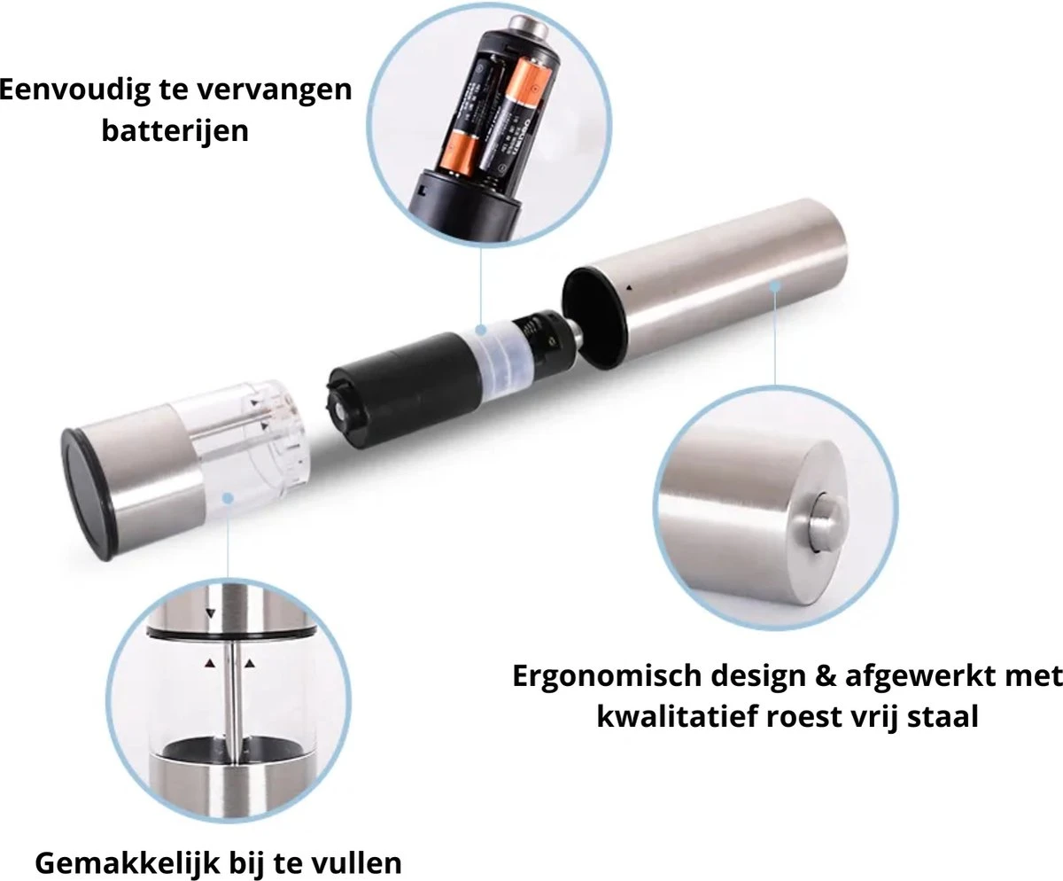 MD-Goods ® Elektrische Peper En Zoutmolen Set - Pepermolen - RVS - Cadeau - Restaurant Kwaliteit 2 MD-Goods ® Elektrische Peper En Zoutmolen Set - Pepermolen - RVS - Cadeau - Restaurant Kwaliteit - Afbeelding 2