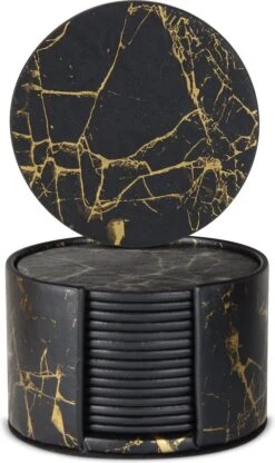 Castagnola Kunstlederen Onderzetters Met Houder – Onderzetters Voor Glazen – Onderzetters Design – Onderzettersset – Drink Onderzetters – Kunstleer – Leren Onderzetters – Set Van 16 – Zwart/Goud -Tefal Keuken Verkoopwinkel 712x1200 2